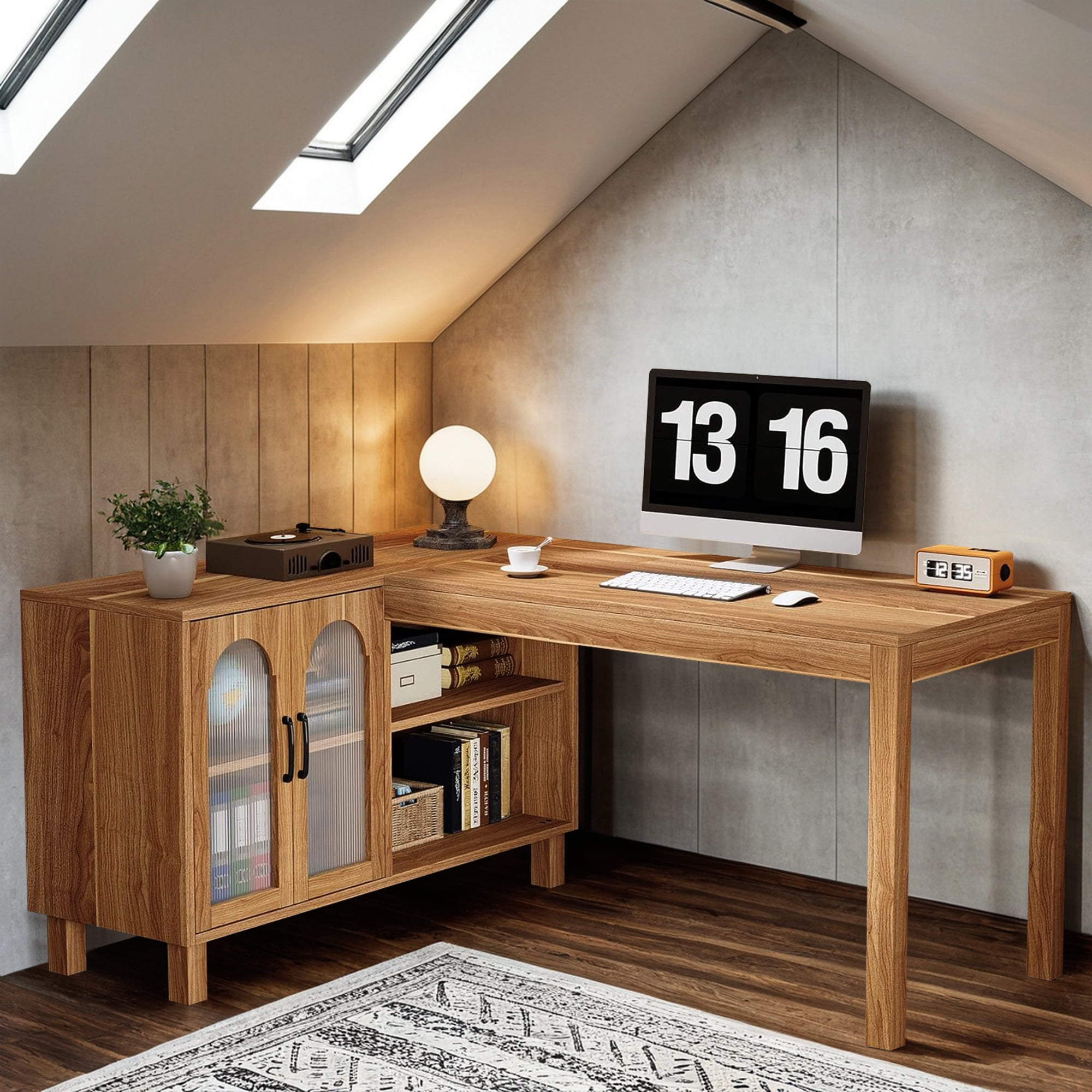 Demi Bonn Modern L Shaped Gaming Computer Desk, 59" Corner Executive Desk with Storage Cabinet for Home Office, Brown