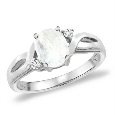 Oval Genuine Moonstone Ring - 14K White Gold Diamond Natural Rainbow Moonstone Engagement Ring Oval 8x6 mm, size 6