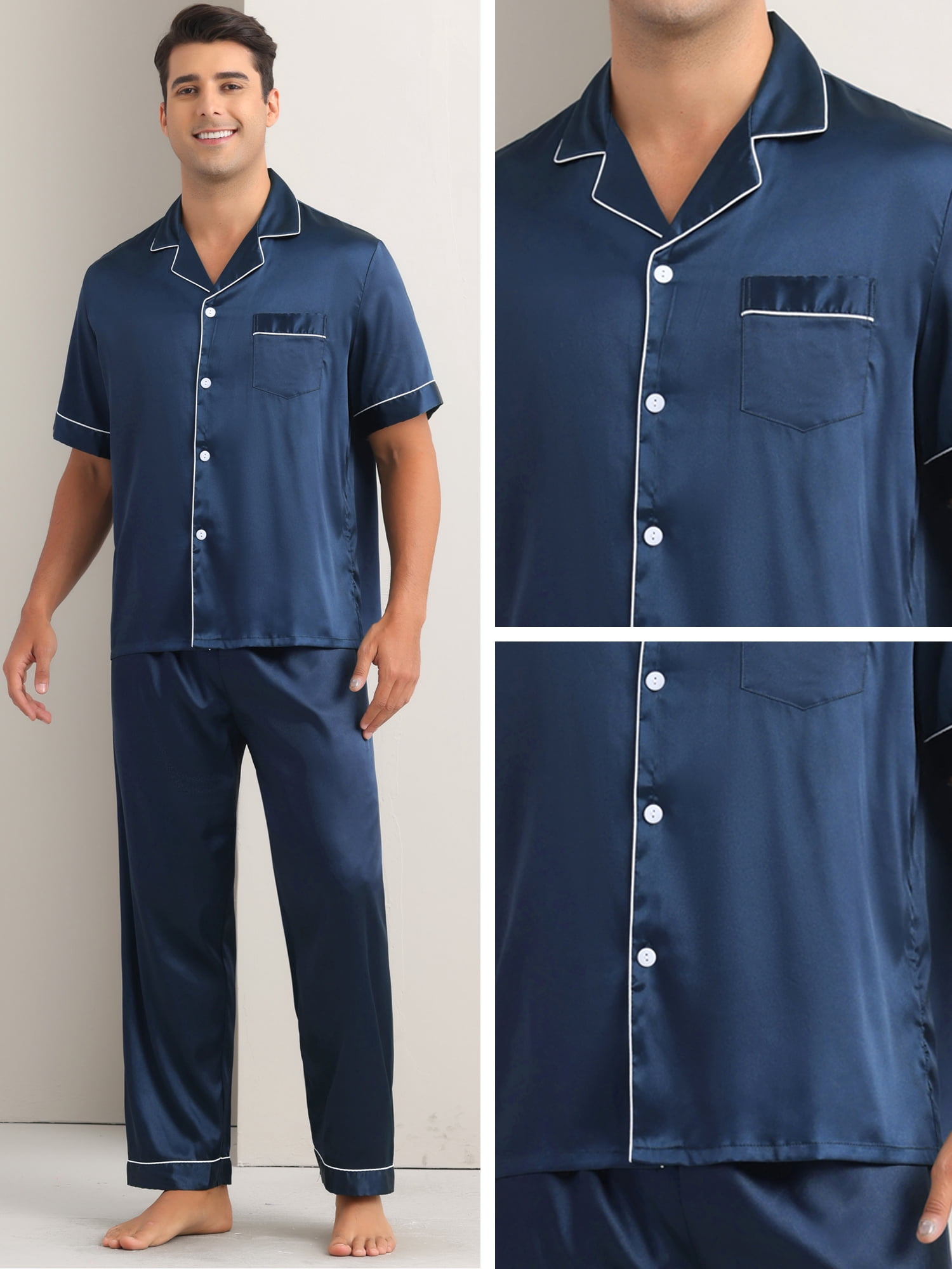 DARING DIVA Men's 2-Piece Pajama Set Button Down Short Sleeve Shirt Pants S Navy Blue