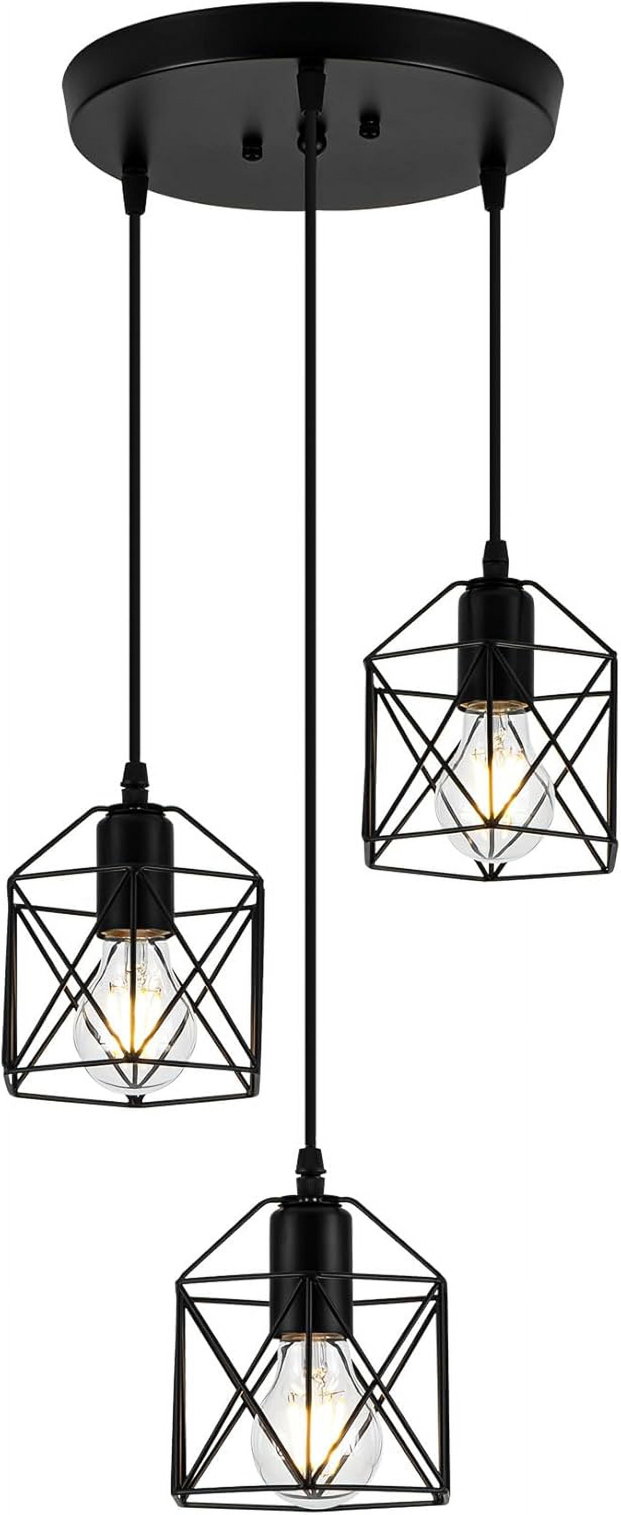 3-Light Pendant Light Fixtures, Farmhouse Hanging Pendant Lighting, Dining Room Chandelier, Industrial Kitchen Island Hanging Light Fixture, Black Metal Cage Pendant Ceiling Lamp for Kitchen
