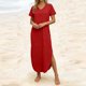 thumbnail image 3 of Vestido Corto para Mujeres Verano Cuello en V Bolsillo de Manga Corta Color Sólido Vestido de Cambio Casual para la Fiesta de la Playa de Primavera, 3 of 6