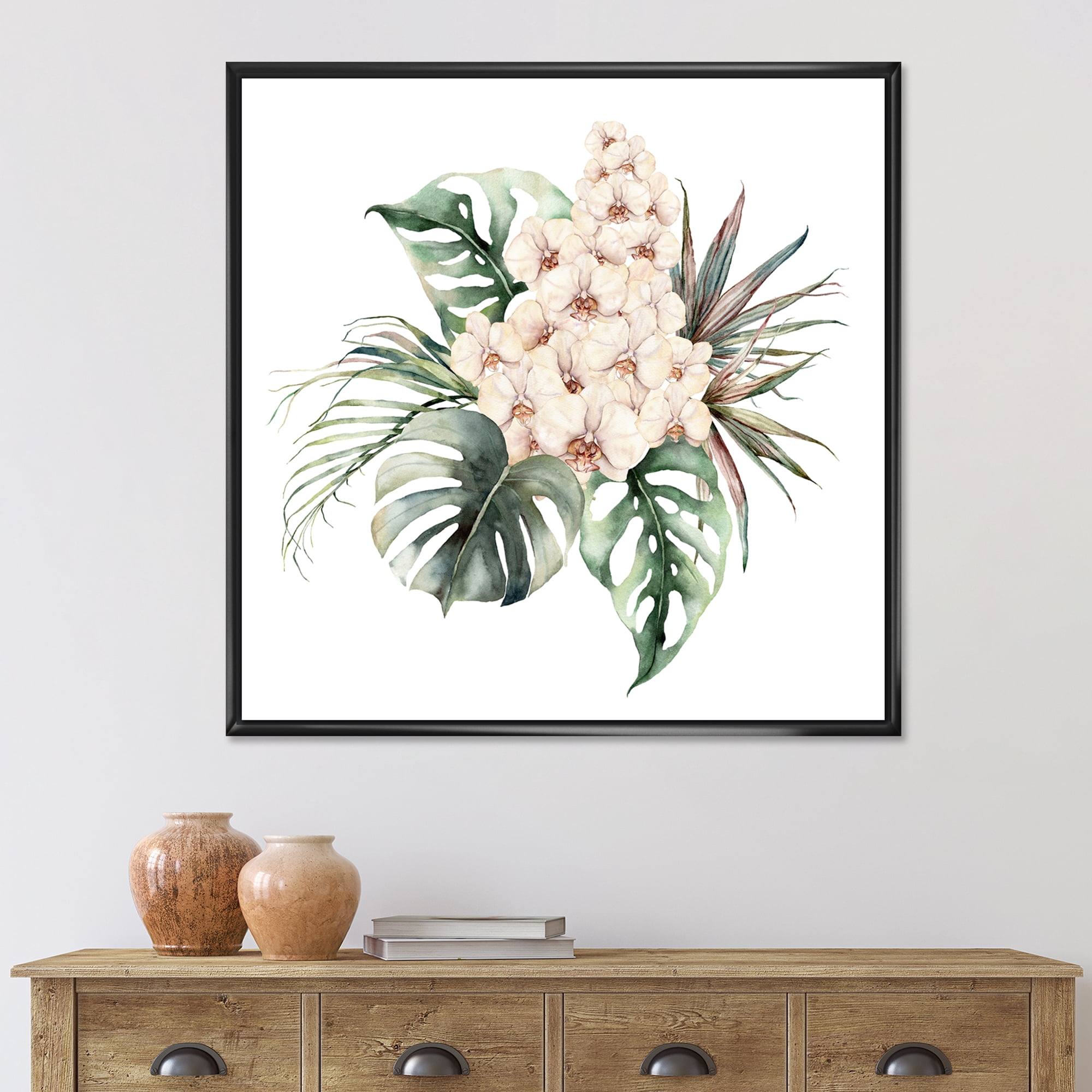 Designart 'Bouquet With Orchids Coconut Leaves and Monstera ' Traditional Framed Canvas Wall Art Print