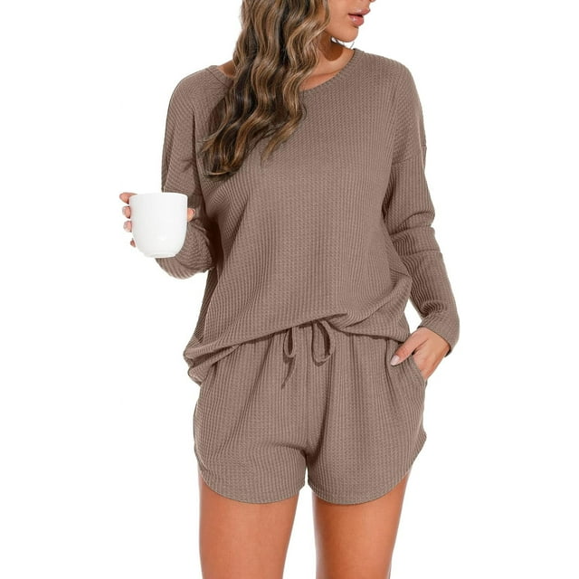 Pajamas Set for Women Waffle Knit Lounge Set 2 Piece Outfits Loungewear Sweatsuit with Pockets