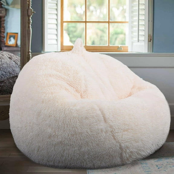 Faux Fur Stuffed Animal Storage Bean Bag Chair Cover No Filler Beige L for Adults