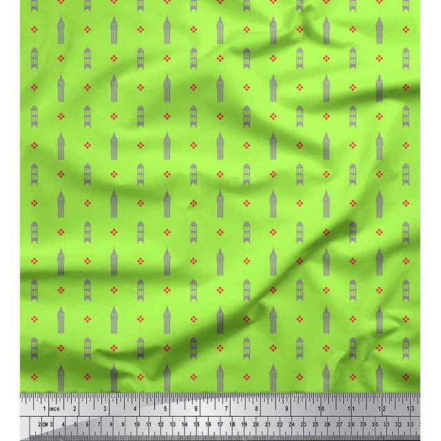 Soimoi polyester Crepe Fabric Curve Diamond & Clock Tower Architectural Print Fabric by the Yard 52 Inch Wide