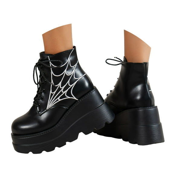 YLYL Halloween Womens Goth Ankle Booties High Heel Lace up Combat Boots Round-Toe Punk Motorcycle Wedge Platform Boots