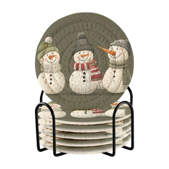 Yayeee 6 PCS Drink Coasters with Holder Set Woven Absorbent Round Tabletop Hot Pad, Gray Cute Snowmen