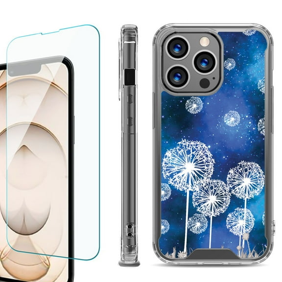 Shockproof Bumper Phone Case for iPhone 13 Pro Max, with Tempered Glass Screen Protector, by OneToughShield ® - Dandelion Stars