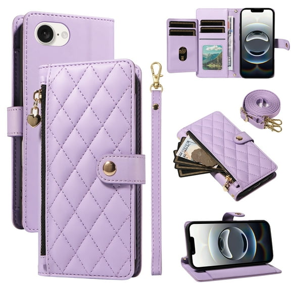 For iPhone 16e Wallet Case: with RFID Blocking Card Slots [5 Cards 1 Cash Slot 1 Zipper Pocket | Soft PU Leather Magnetic Snap | Crossbody & Wrist Strap Protective Phone Cover,Purple
