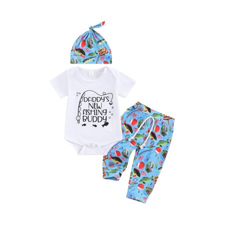 

Baby Summer Clothes Set Letter Print Short Sleeve Jumpsuit and Casual Pants Beanies Hat Outfits Sky Blue 6-12 Months