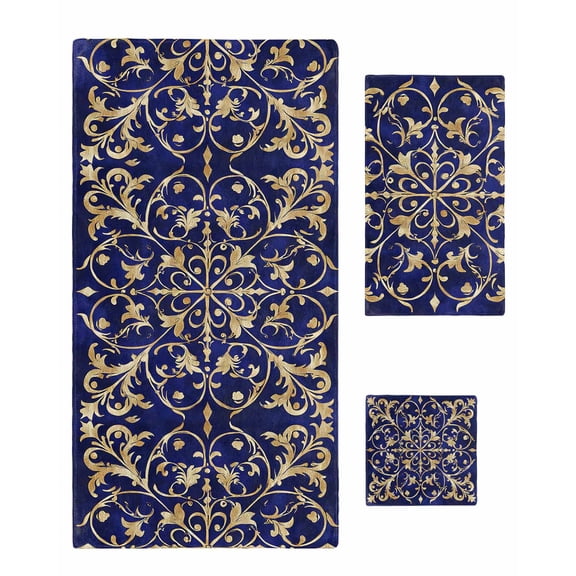 Abstract Blue Gold Towel Set of 3, Soft Microfiber Bath Towels, Hand Towel, Washcloths, Luxurious Traditional Flower Leaf Quick-Dry Absorbent Towels for Bathroom Kitchen Hotel Beach Gym Spa