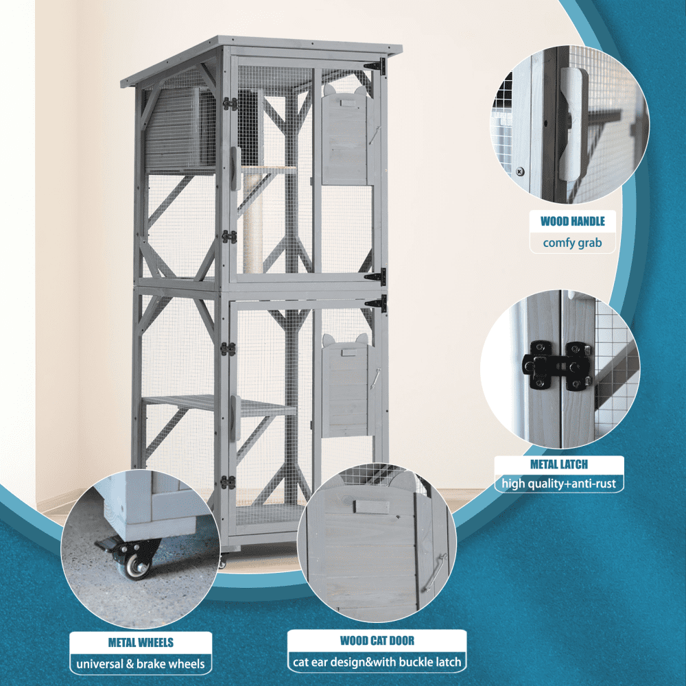 Large Outdoor Catio Cat Enclosure with Wheels,Waterproof Roof&Multi-Level Play Areas,70.9"