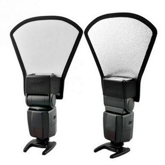 Flash Diffuser Reflector,2-Sided White/Silver Bend Bounce Flash Reflector Kit with Elastic Strap for Speedlight Flashes