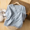 thumbnail image 6 of Short Sleeve Tops for Women Cotton And Linen Crochet Artistic Small Versatile Shirt V Neck Casual Fashion Womens Blouses, 6 of 6