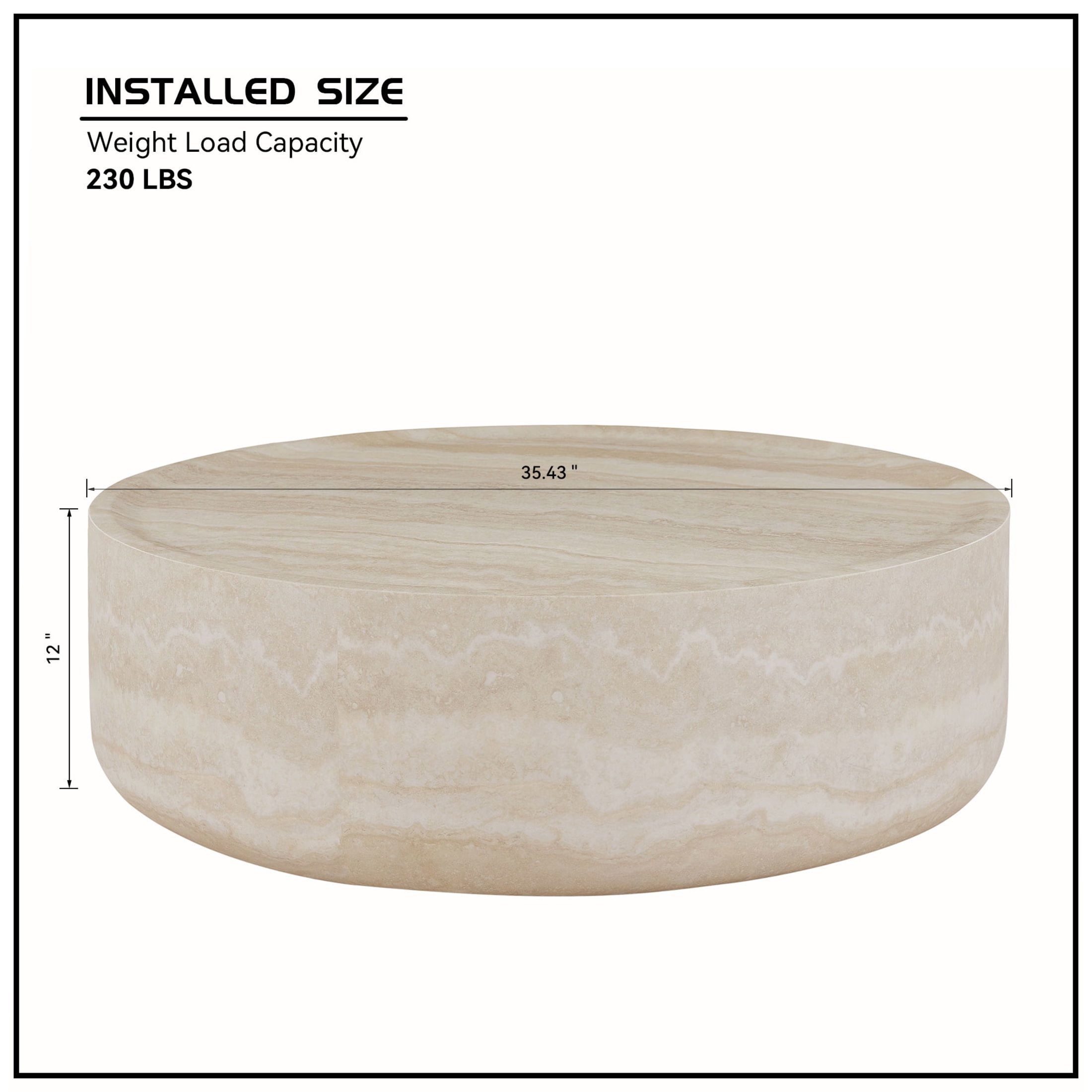 Noble House 35.43" Round Faux Travertine Coffee Table, Waterproof Fiberglass Drum Tea Table for Living Room, Beige