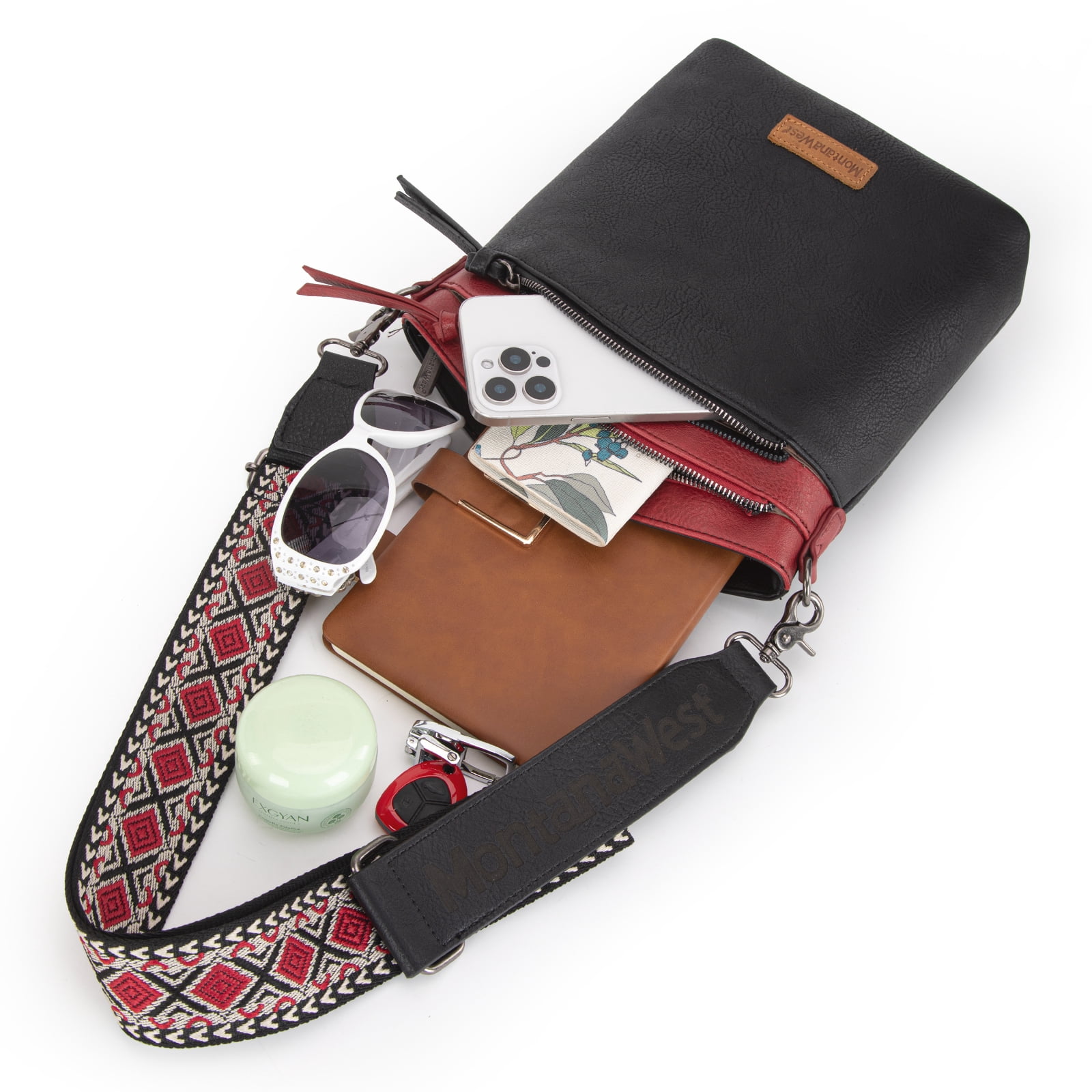 Montana West Multi Zip Pocket Large Crossbody Bag With Guitar Strap, Brown/Red