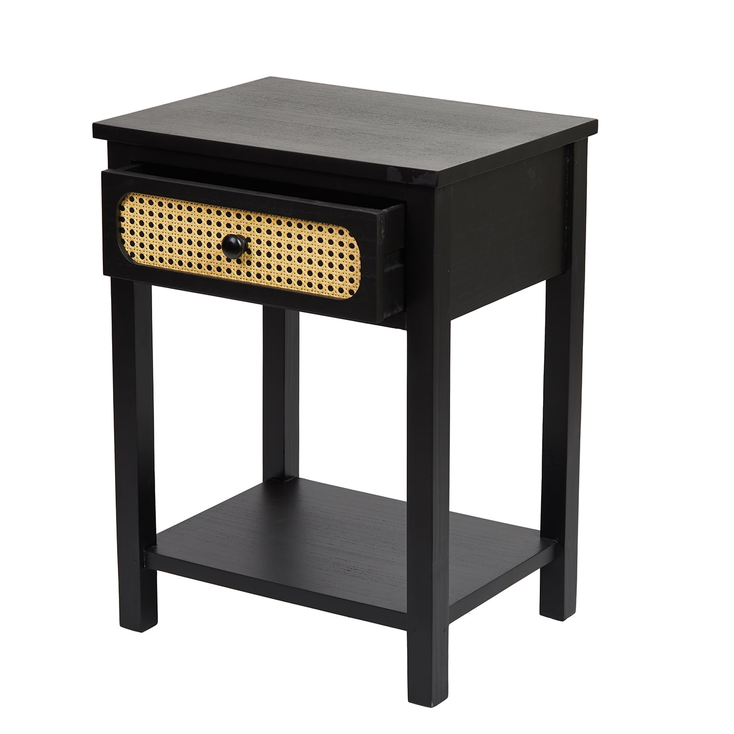 HomeView Design End Table with Rattan Drawer, Wood, Black Finished