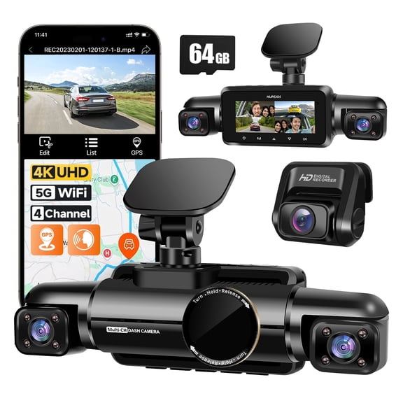 HUPEJOS 4K Dash Cam Front and Rear Inside,8 IR Lamps Night Vision Dash Camera for Cars, 360° 4 Channel 3K 1080P*3 Car Camera, 5GHz Wi-Fi GPS Module, Include 64GB SD Card, Voice Control