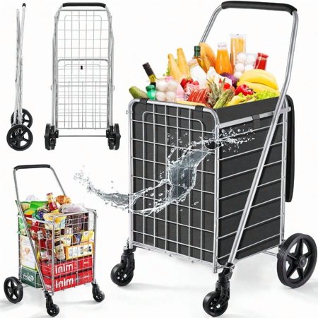 Wellmax WM99024S Grocery Utility Shopping Cart Easily Collapsible and Portable to Save Space and Heavy Duty Light Weight Trolley with Rolling Swivel Wheels