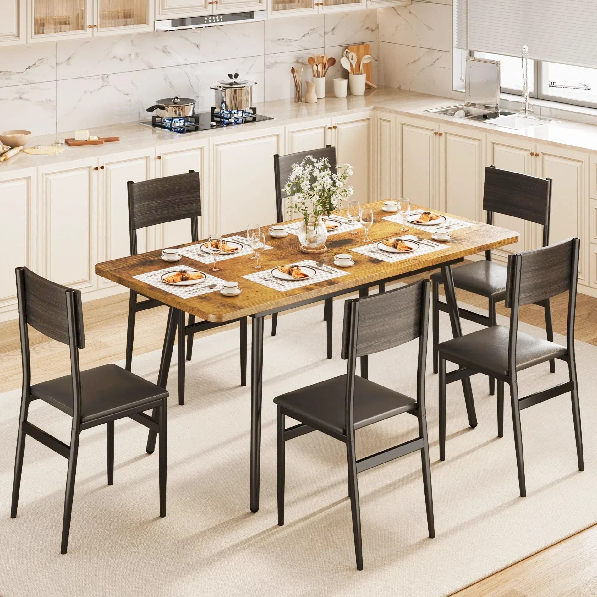 テーブル・チェア・ハンモック LOGOS LIFE BENCH TABLE SET 6 Lofka 7-Piece Extendable Dining Table Set with Six Chairs
