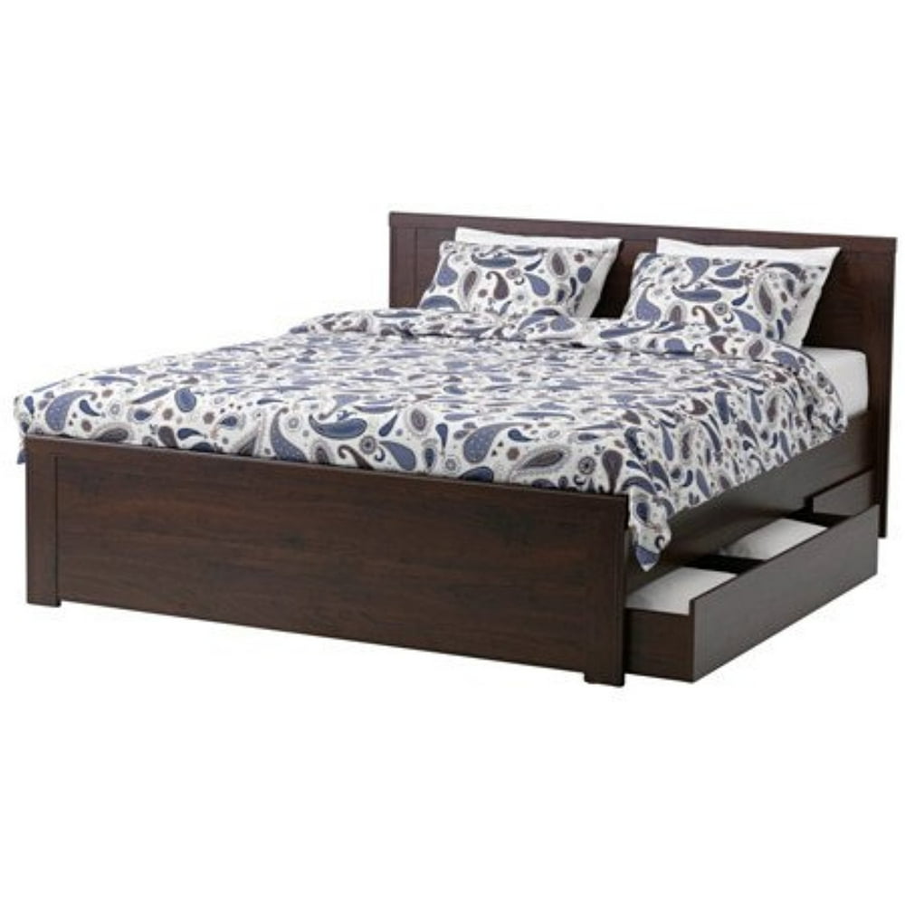 Ikea Queen Size Bed frame with 4 storage boxes, brown, Lönset 18204.