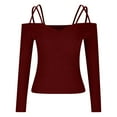 thumbnail image 4 of XFLWAM Women Spaghetti Straps Long Sleeve Ribbed Knit Top Off Shoulder V Neck Shirt Cold Shoulder Solid Color Slim Blouse Wine Red M, 4 of 6