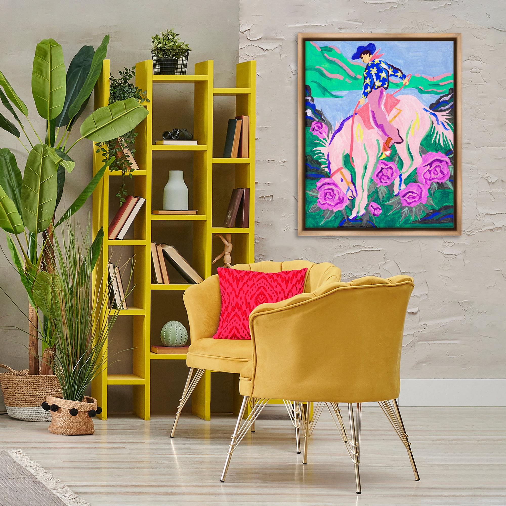 Stupell Industries Bright Cowboy & Blooms Animals Painting Brown Floater Framed Canvas Art Print Wall Art, 25 x 31