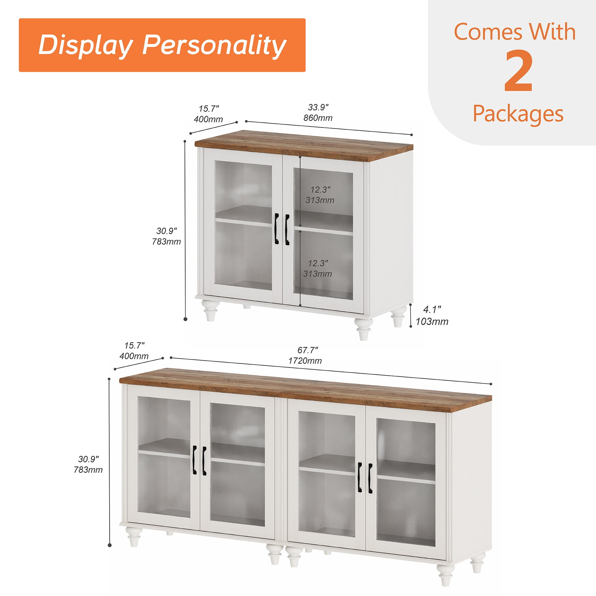 Buffet Cabinet with 4 Glass Doors, Kitchen Storage Cabinets with Adjustable Shelf, 68 inch, White