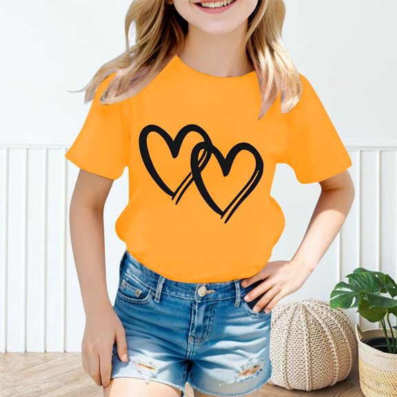 OOOUM Girls T-Shirt Crewneck Heart Print Short Sleeve Tees Comfortable Loose Fit Casual Tops Yellow 10-12 Years
