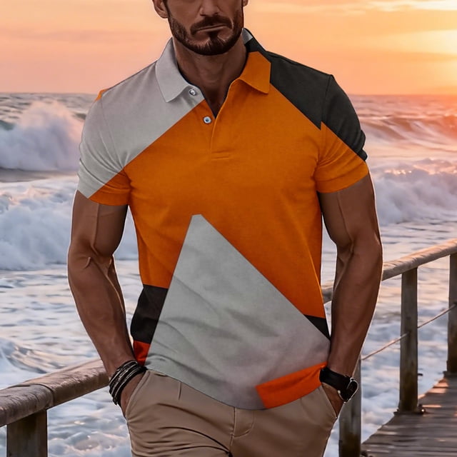 Ceisia Men's Summer Casual Geometric Color Block Mesh Short Sleeve Lapel Shirt Multicolor S Gifts