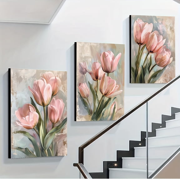 3pcs Tulip Canvas Art Prints Set, Unframed 16x24 inch, Elegant Floral Wall Decor for Living Room, Bedroom, Hallway - Light Luxury Artwork for Home and Office