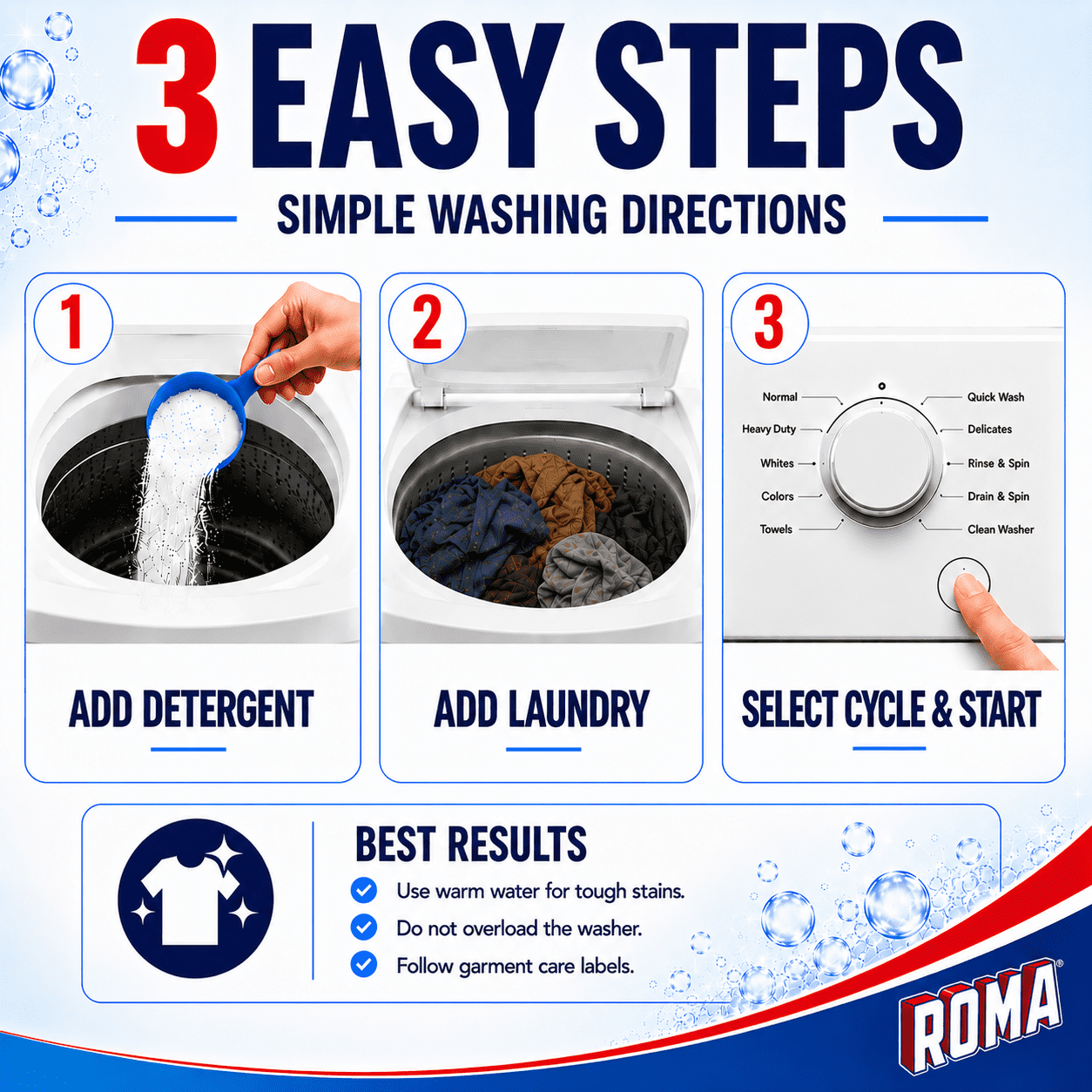 Roma Powder Laundry Detergent, Heavy Duty Cleaning for Stains, Grease and Dirt, 1.1 lb