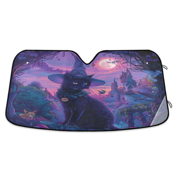 Black Cat with Wizard Hat Car Windshield Sun Shade Foldable Car Front Window Visor Heat and UV Protection 53x23.5