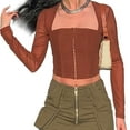 thumbnail image 1 of Hook Eye Top Long Sleeved Panel Mesh Square Neck Fashionable Slim Fit Hook Eye Blouse for Dating Brown M, 1 of 8
