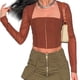 thumbnail image 3 of Top con corchetes, manga larga, panel de malla, cuello cuadrado, blusa ajustada a la moda con corchetes para citas, 3 of 8