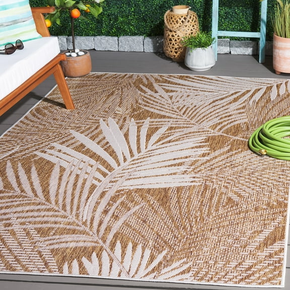 SAFAVIEH Beach House Declan Botanical Indoor/Outdoor Area Rug, Brown/Ivory, 6'7" x 6'7" Square