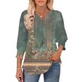 thumbnail image 2 of JTZGDY Floral Tops for Women Boho Printed Summer 3/4 Lenght Sleeve V Neck Graphic Tunic T-Shirts Loose Fit Dressy Casual Western Shirts with Smoked Cuff Sleeves Green#02 L, 2 of 8
