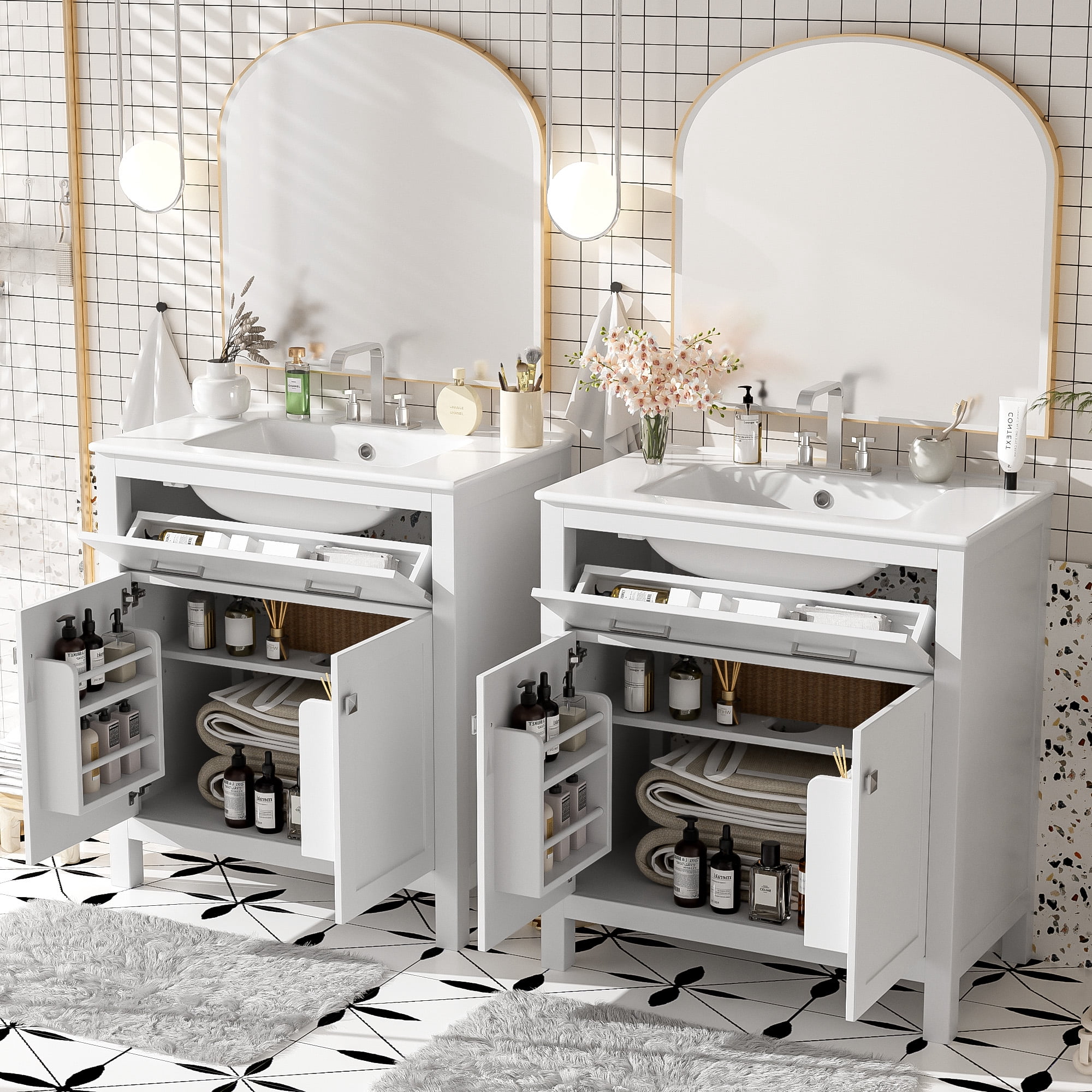 Euroco 60" Modern White Bathroom Vanity Set with Double Vanities (Separate), Double Ceramic Sinks, Adjustable Shelf, Soft Close Doors and Flip Drawer– Modern Bathroom Solution for Spacious Bathrooms