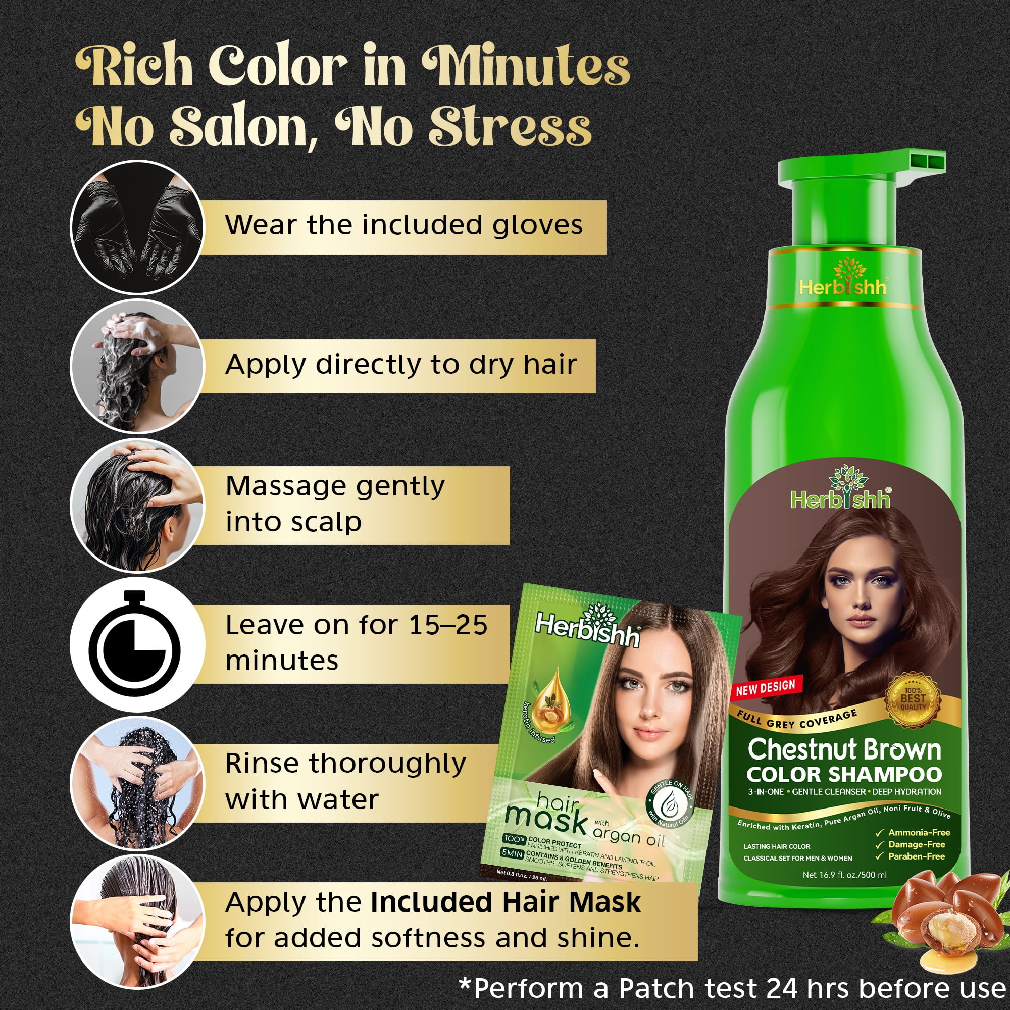 Herbishh Chestnut Brown Hair Color Shampoo for Gray Hair with Pack 2 Hair colour stain remover, Hair Dye Shampoo 3 in 1, 100% Gray Coverage, Permanent Hair Color for Men & Women, Ammonia-free, 500 ml