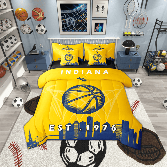 7 Pcs Comforter Set Full Size, Basketball Bed in a Bag with Flat Sheet and Fitted Sheet and Adults,Sports Bedding Set with Pillowcase and Sham,Indiana
