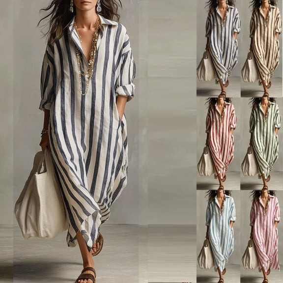 TaTaai Women's V-Neck Short Sleeve Maxi Dress with Striped Print, Side Pockets, and Relaxed Casual Fit Gift