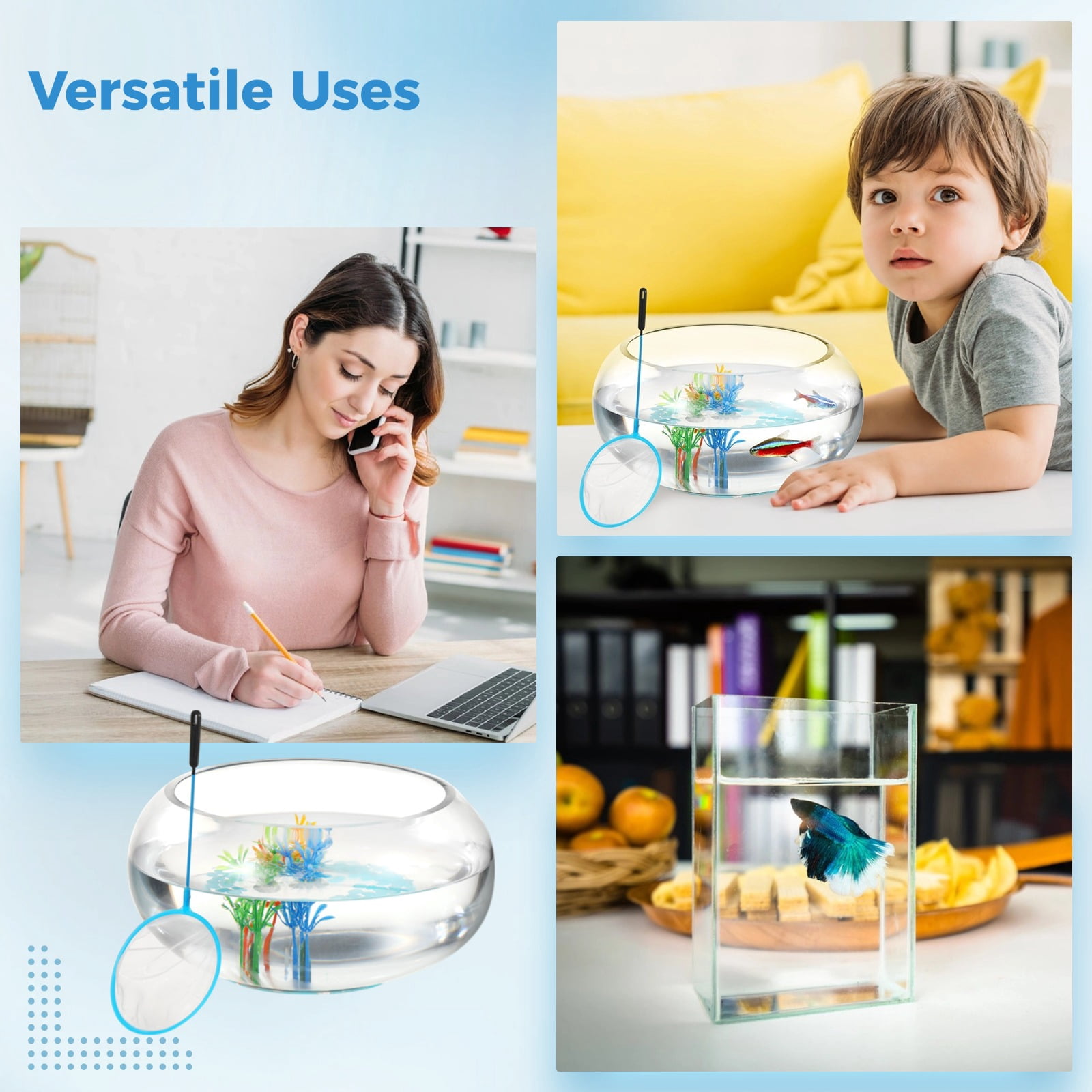 Glass Fish Bowl with Luminous Pebbles, Artificial Plants, and Net, Large Round Desktop Fishbowl, Transparent Decorative Aquarium Kit for Home Office Decor