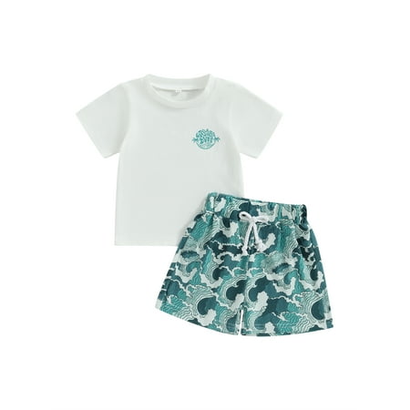 

aturustex 0-3 Years Infant Baby Boys Pants Suit Casual Street Short Sleeves Round Neck Tops + Spindrift Print Drawstring Shorts