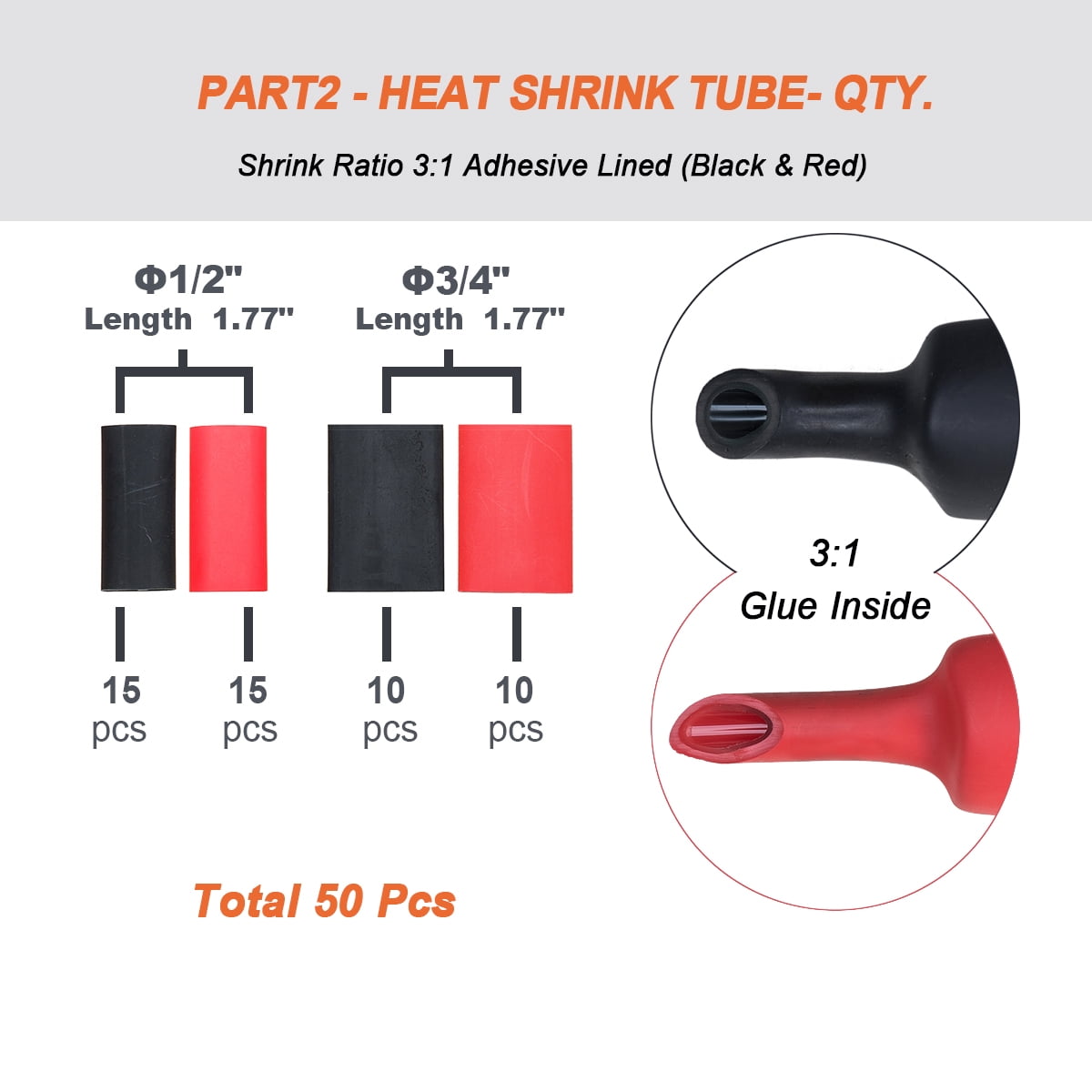 RockDIG 100PCS Tinned Copper Wire Lugs AWG 8 6 4 2 Gauge with Heat Shrink Tube Assortment Kit Heavy Duty Closed End Electrical Wire Cable Battery Terminal Crimp Connectors