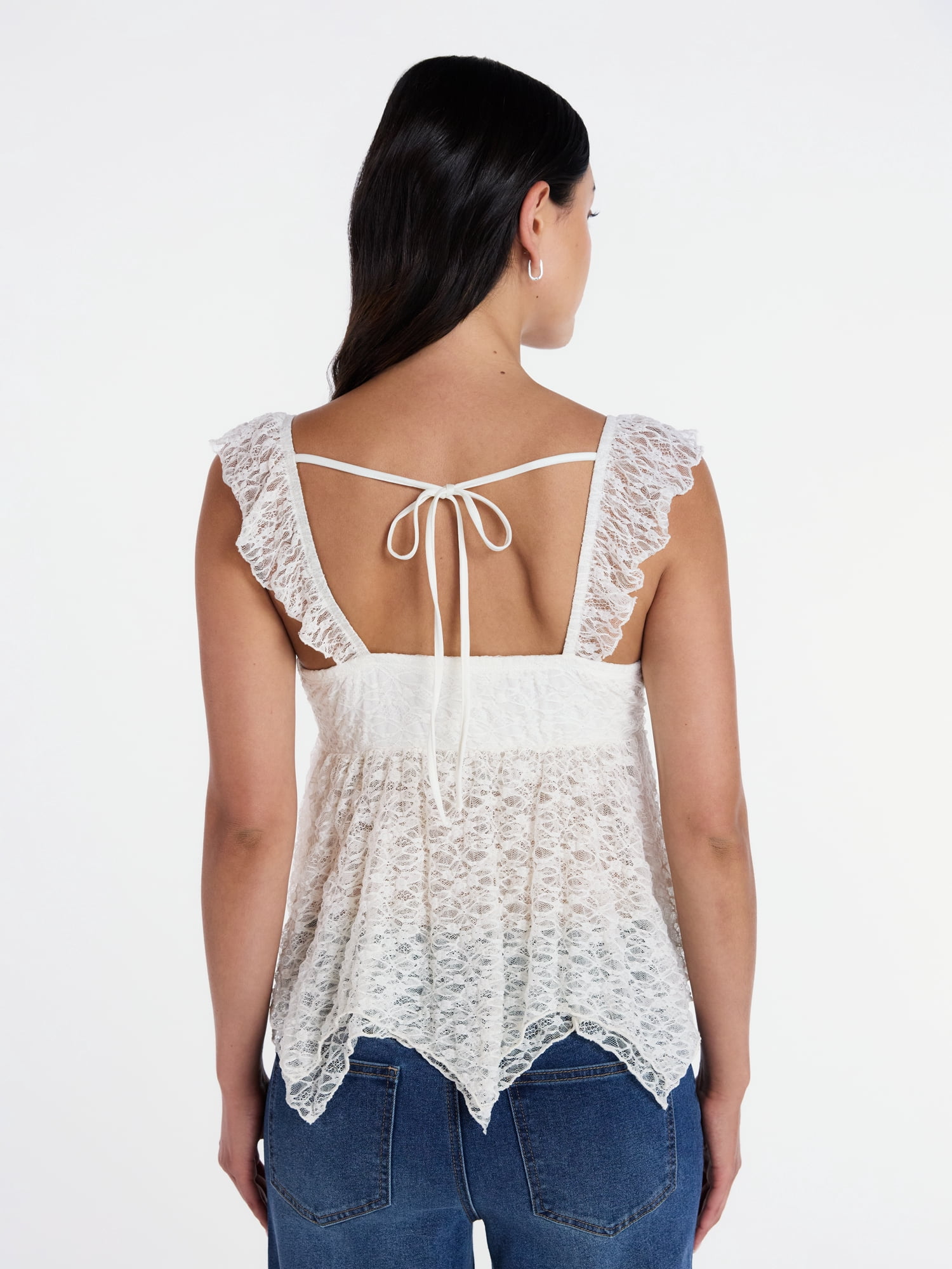 Madden NYC Floral Lace Babydoll Top with Flutter Sleeves, Sizes XXS-XXL