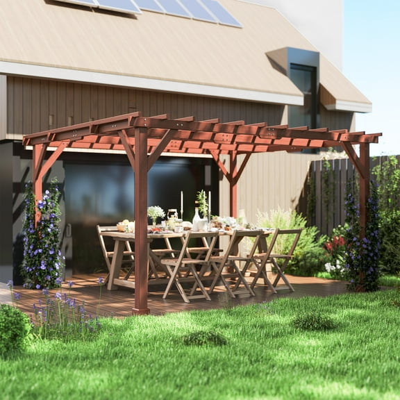 Outdoor Wooden Gazebo Brown Fir Wood 150" Pergola for Patio & Garden. Sturdy 4"x4" Columns, Crisscross Beams. Natural Shade Oasis for Parties & BBQs. Windproof Level 3-4.