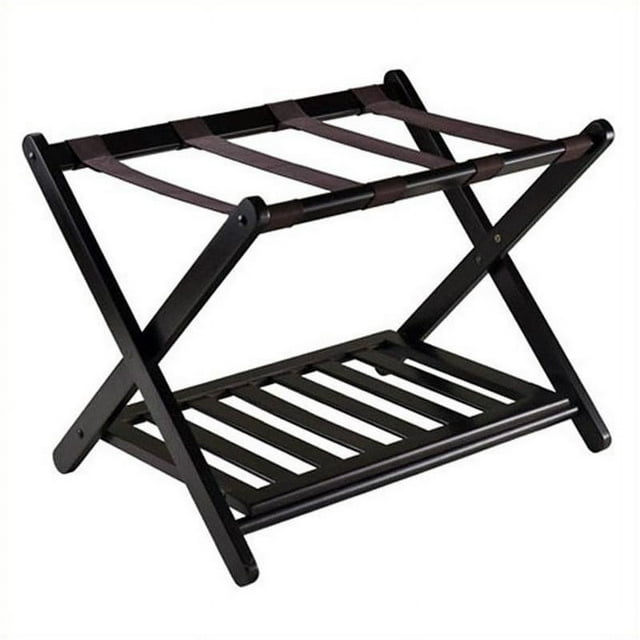 Pemberly Row Foldable Luggage Rack with Shelf in Dark Espresso