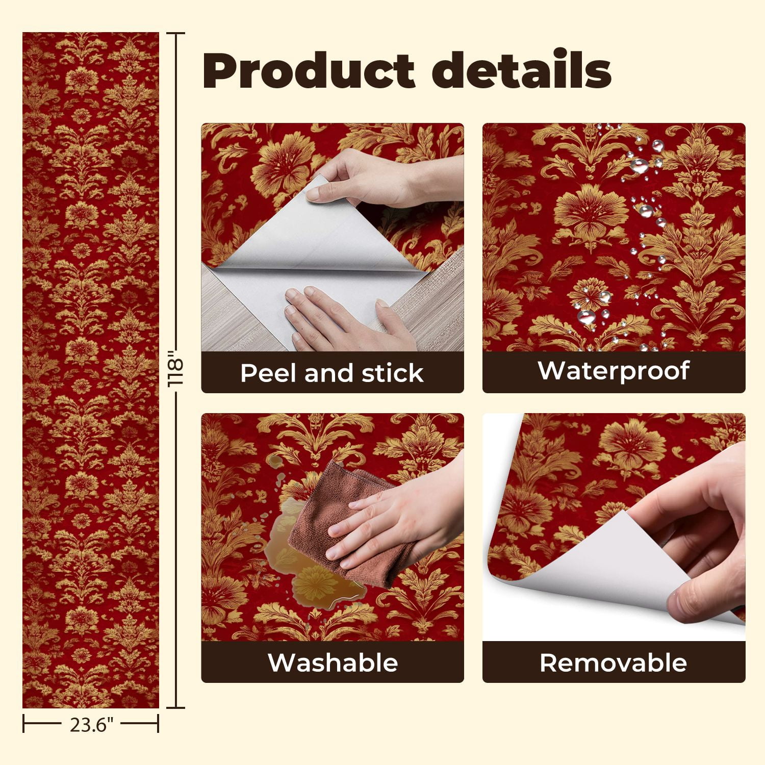 Vintage Peel and Stick Wallpaper Golden Floral Damask Red baroque vintage Wall Mural 23.6in x 9.8ft Self Adhesive Removable Wall Paper Renter Friendly Wallpaper for Bedroom Livingroom Office