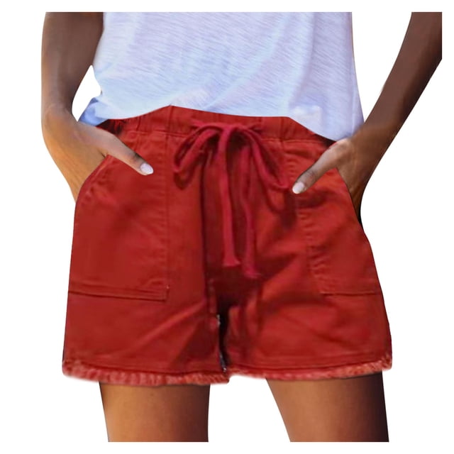 WTXUE Shorts en Denim, Jeans pour Femmes Taille Mi-Haute Pantalons Amples d'Été Cargo Grande Taille, Short, Rouge
