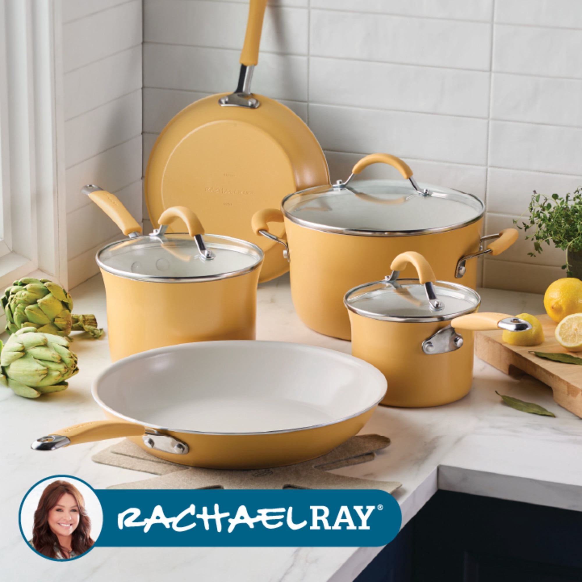 Rachael Ray Cucina Ceramic Nonstick Cookware Pots and Pans Set, 10-Piece, Turmeric Yellow